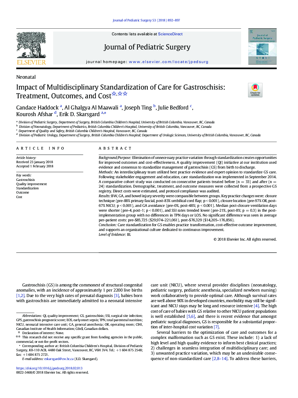 Impact of Multidisciplinary Standardization of Care for Gastroschisis: Treatment, Outcomes, and Cost