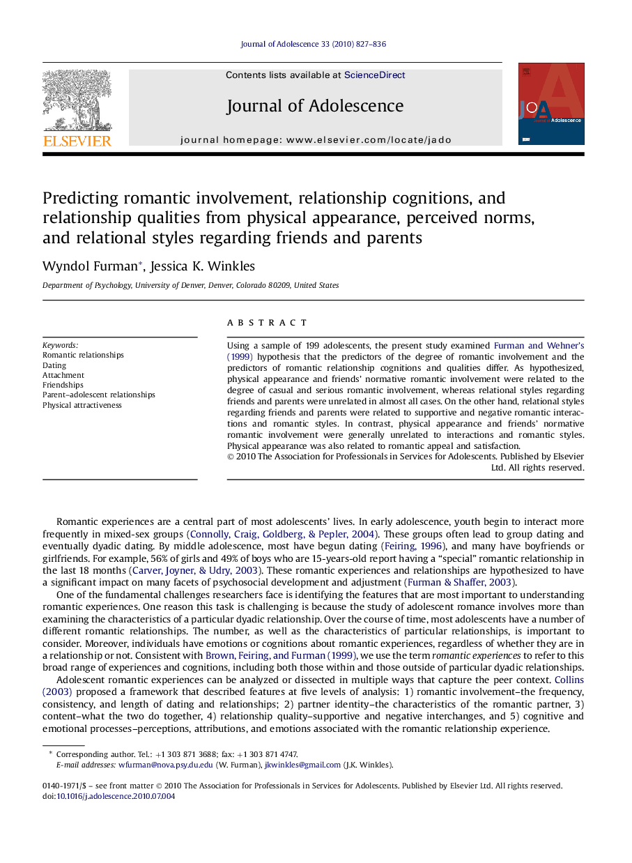 Predicting romantic involvement, relationship cognitions, and relationship qualities from physical appearance, perceived norms, and relational styles regarding friends and parents