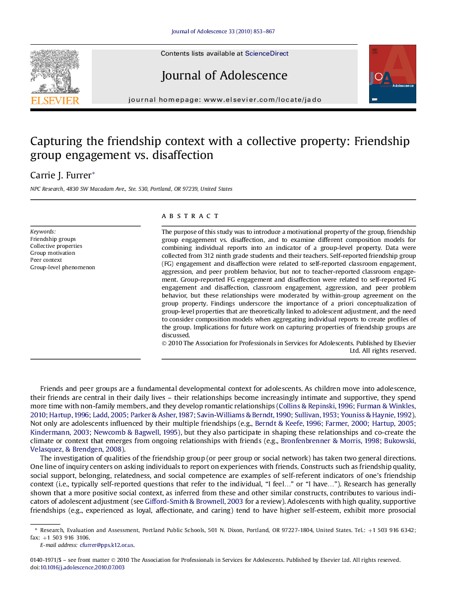 Capturing the friendship context with a collective property: Friendship group engagement vs. disaffection