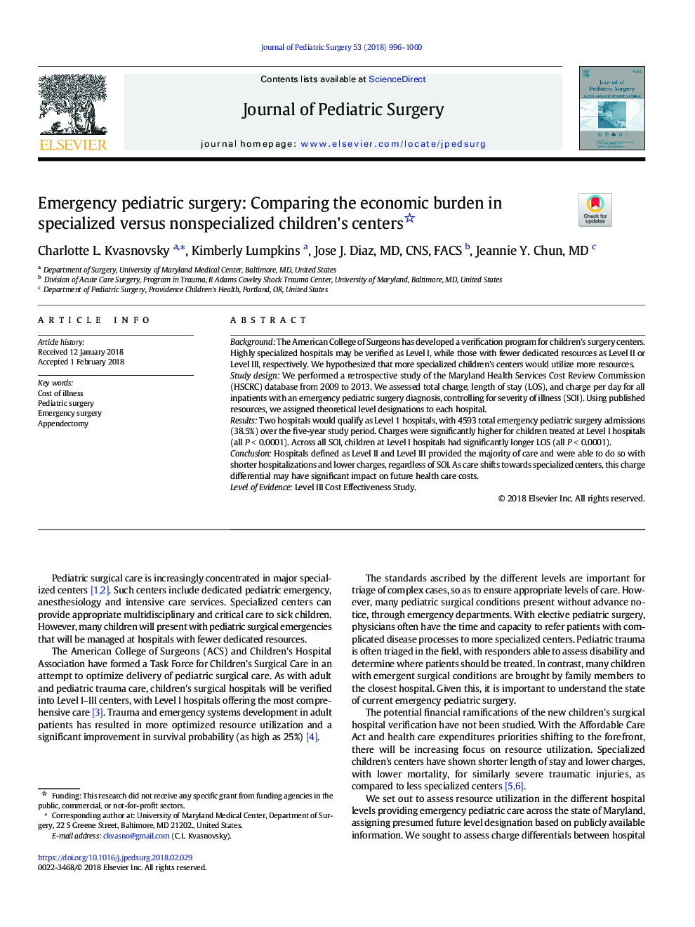 Emergency pediatric surgery: Comparing the economic burden in specialized versus nonspecialized children's centers