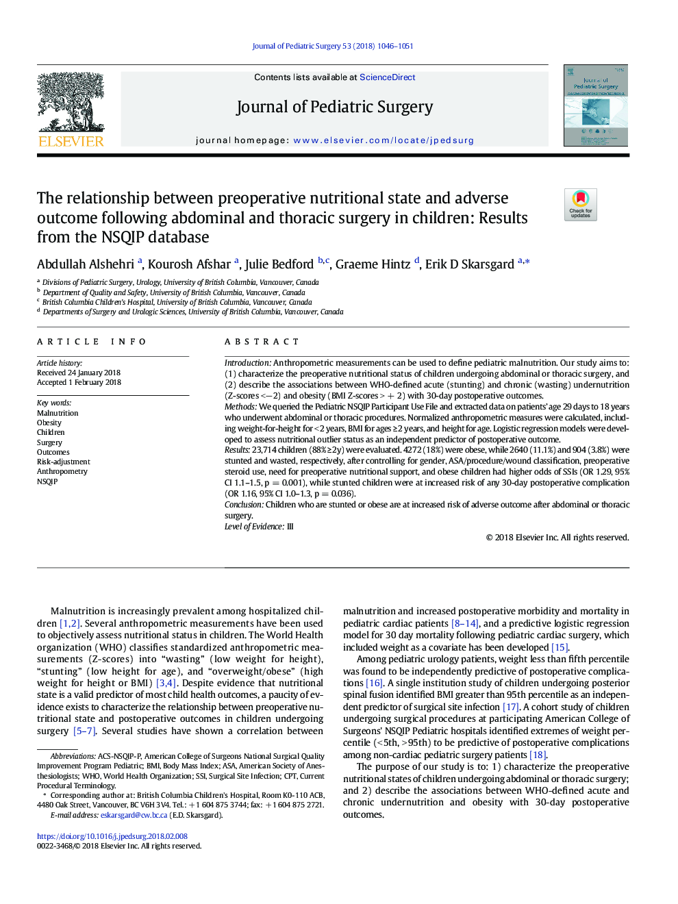 The relationship between preoperative nutritional state and adverse outcome following abdominal and thoracic surgery in children: Results from the NSQIP database