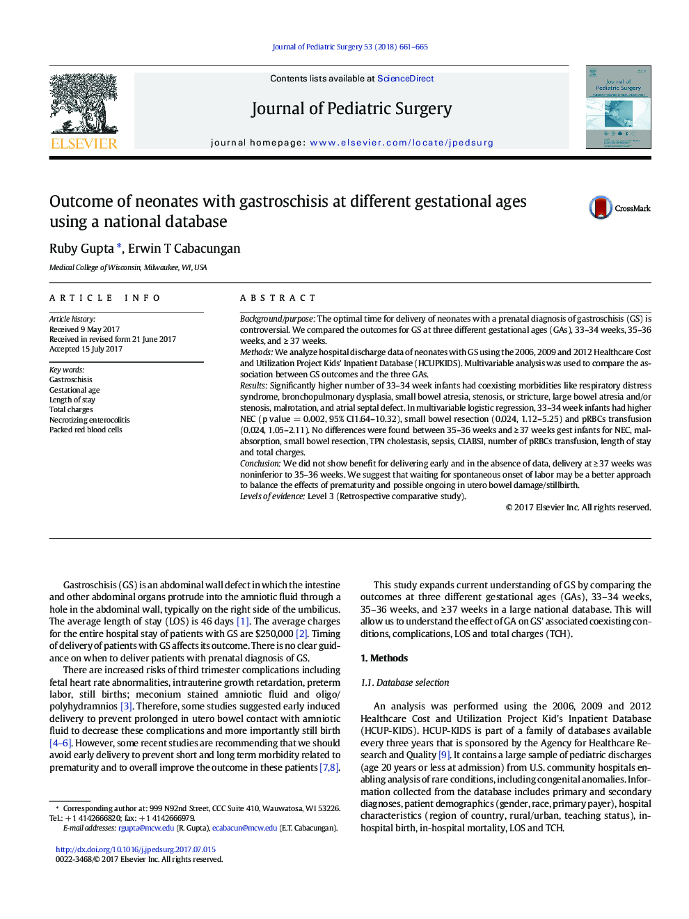 Outcome of neonates with gastroschisis at different gestational ages using a national database