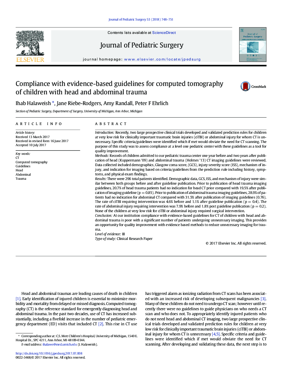 Compliance with evidence-based guidelines for computed tomography of children with head and abdominal trauma