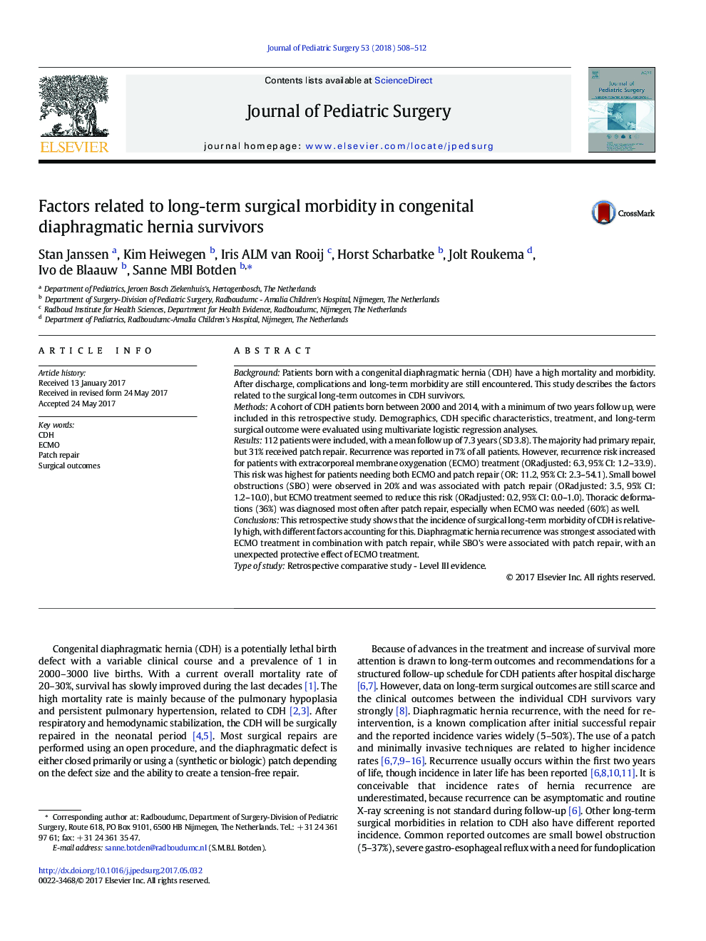 Factors related to long-term surgical morbidity in congenital diaphragmatic hernia survivors