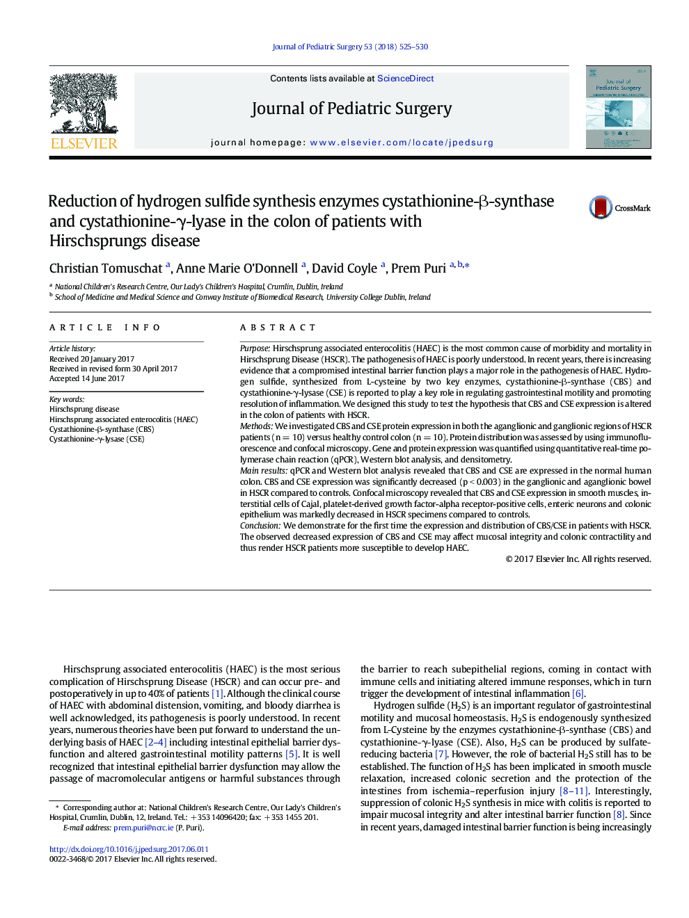 Reduction of hydrogen sulfide synthesis enzymes cystathionine-Î²-synthase and cystathionine-Î³-lyase in the colon of patients with Hirschsprungs disease