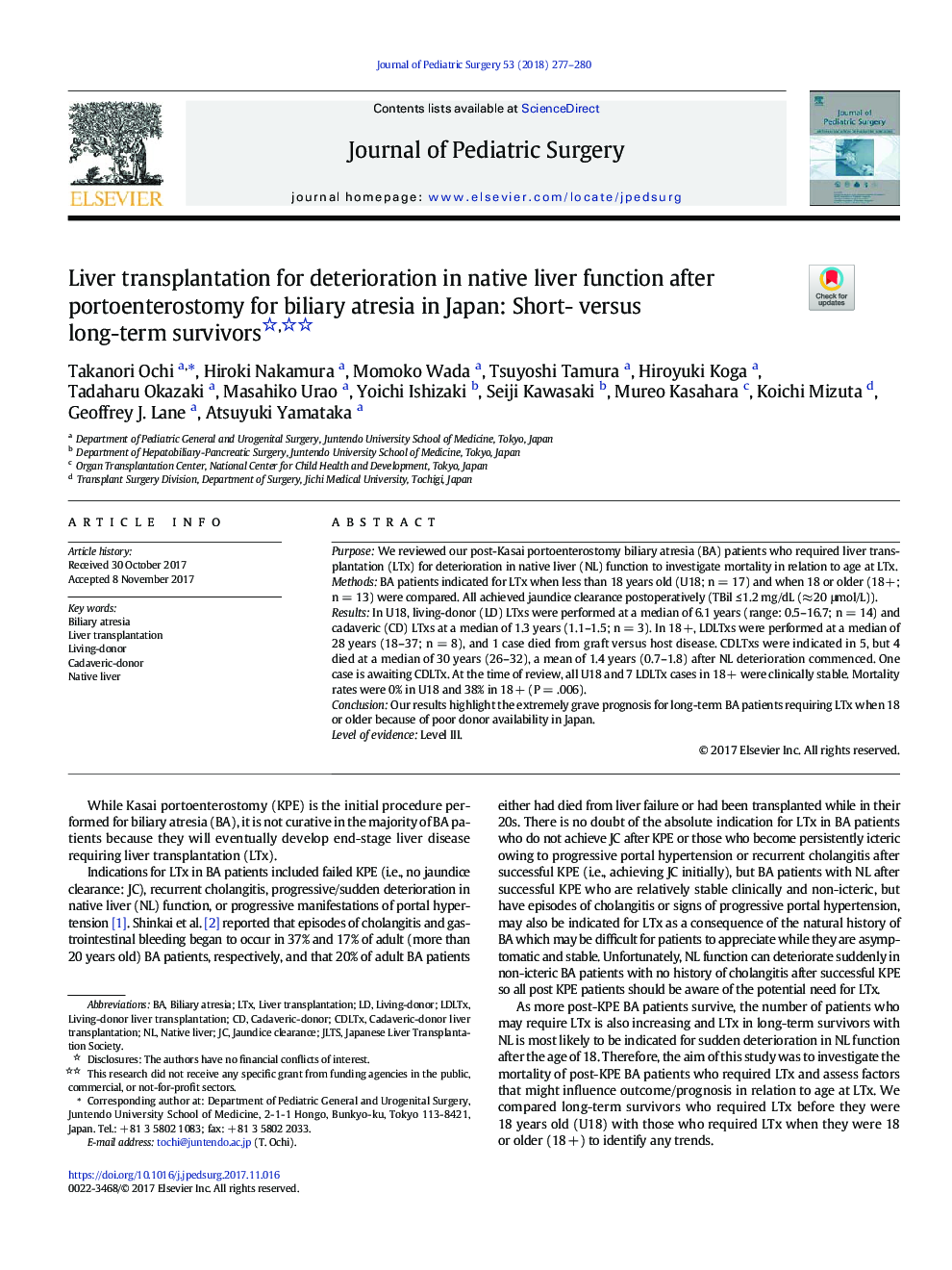 Liver transplantation for deterioration in native liver function after portoenterostomy for biliary atresia in Japan: Short- versus long-term survivors