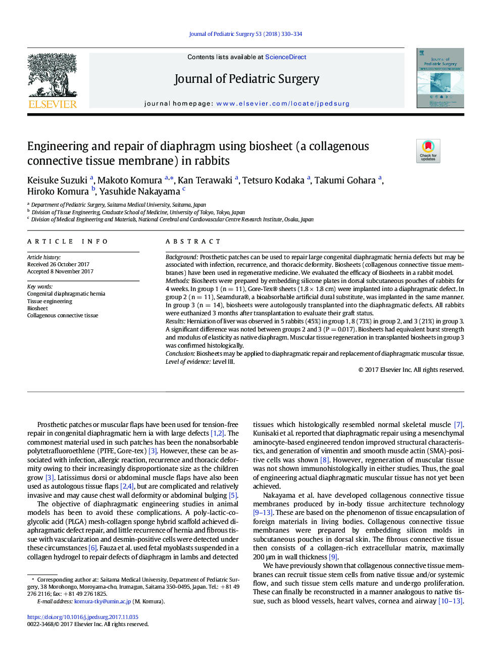 Engineering and repair of diaphragm using biosheet (a collagenous connective tissue membrane) in rabbits