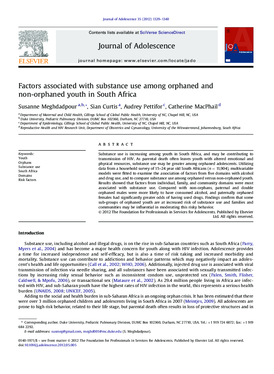 Factors associated with substance use among orphaned and non-orphaned youth in South Africa
