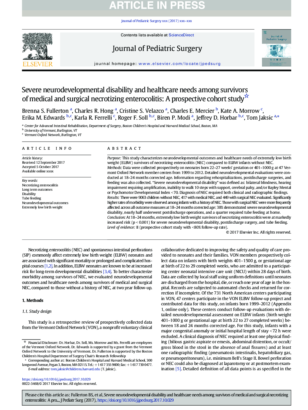 Severe neurodevelopmental disability and healthcare needs among survivors of medical and surgical necrotizing enterocolitis: A prospective cohort study