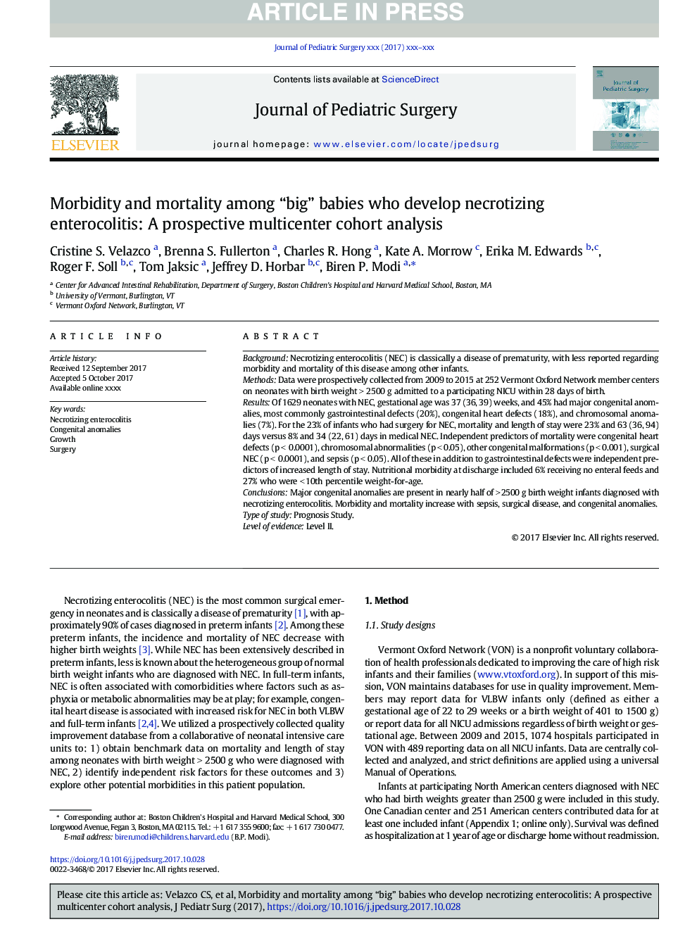 Morbidity and mortality among “big” babies who develop necrotizing enterocolitis: A prospective multicenter cohort analysis