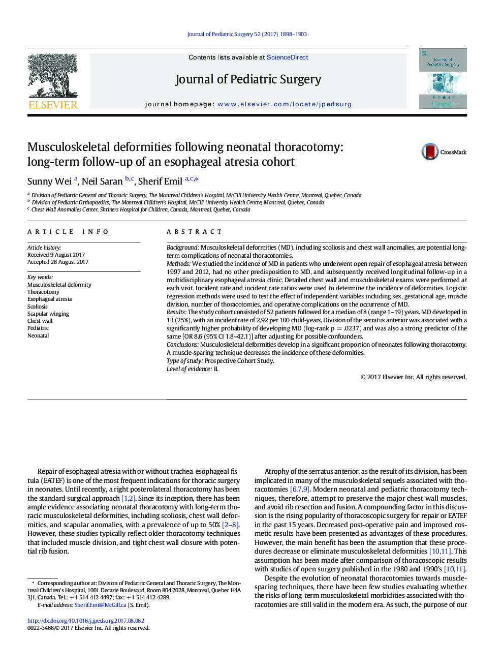 Musculoskeletal deformities following neonatal thoracotomy: long-term follow-up of an esophageal atresia cohort