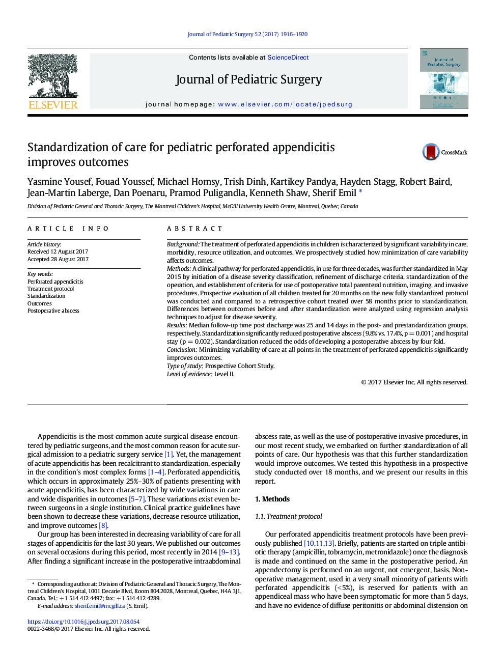 Standardization of care for pediatric perforated appendicitis improves outcomes