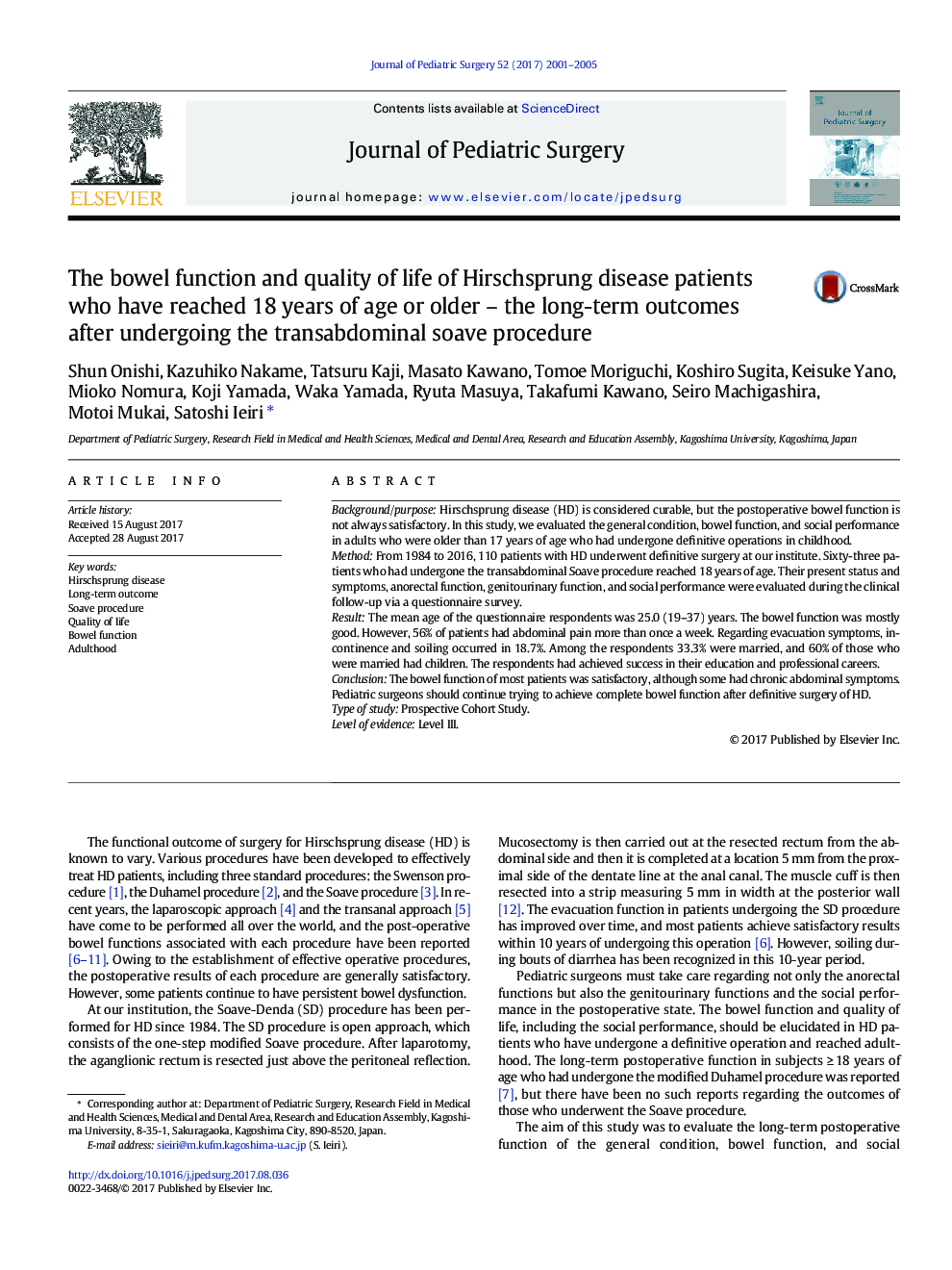 The bowel function and quality of life of Hirschsprung disease patients who have reached 18 years of age or older - the long-term outcomes after undergoing the transabdominal soave procedure