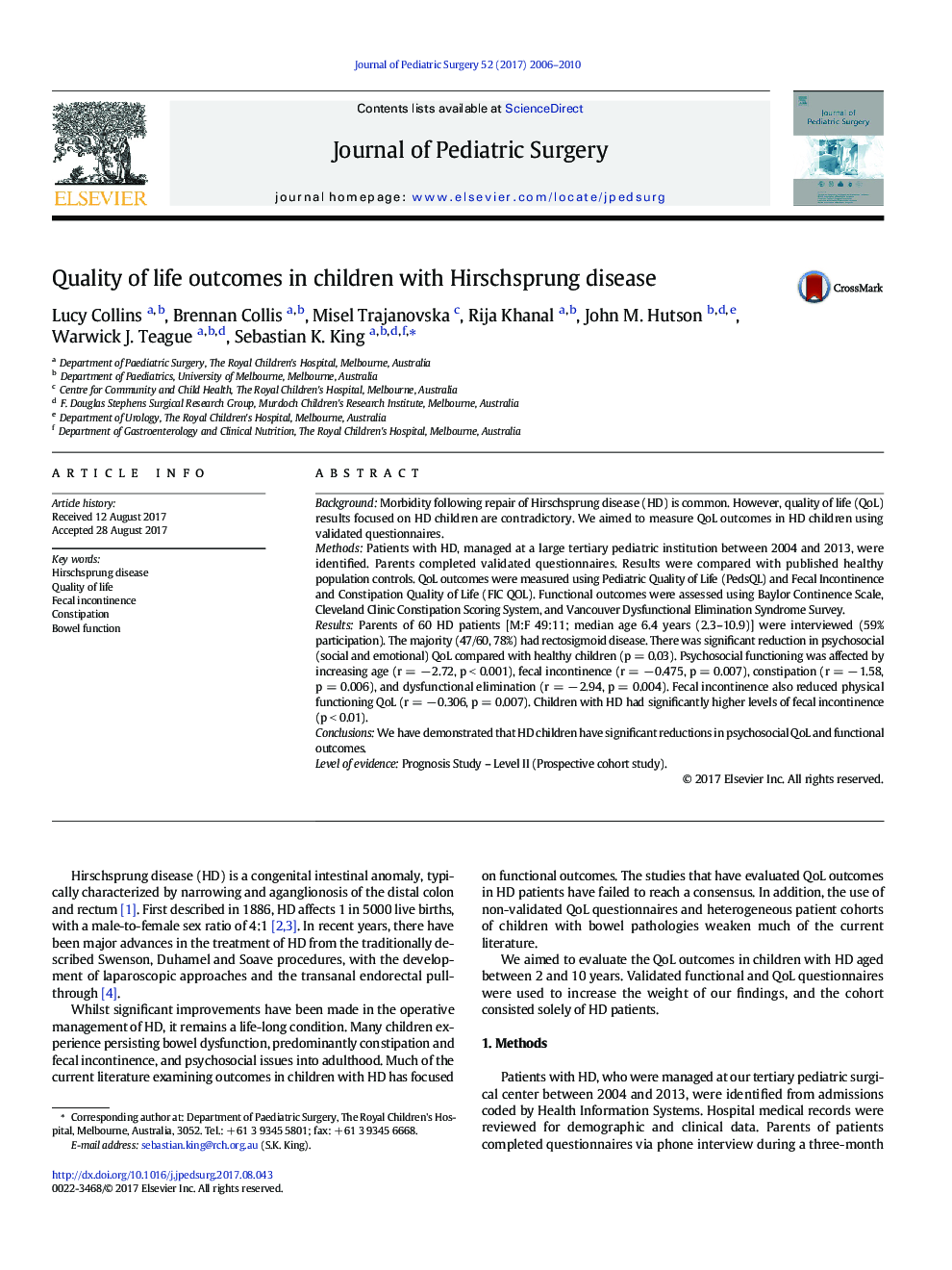 Quality of life outcomes in children with Hirschsprung disease