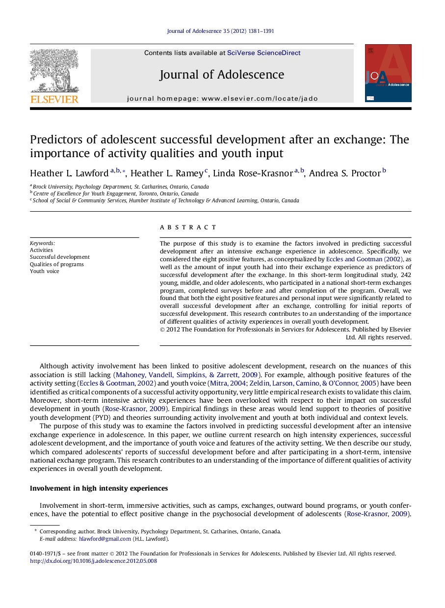 Predictors of adolescent successful development after an exchange: The importance of activity qualities and youth input