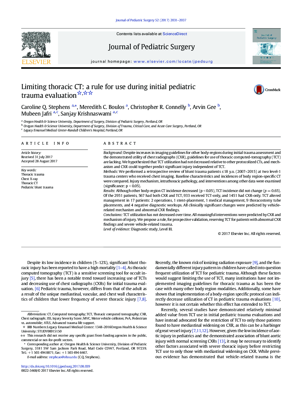 Limiting thoracic CT: a rule for use during initial pediatric trauma evaluation