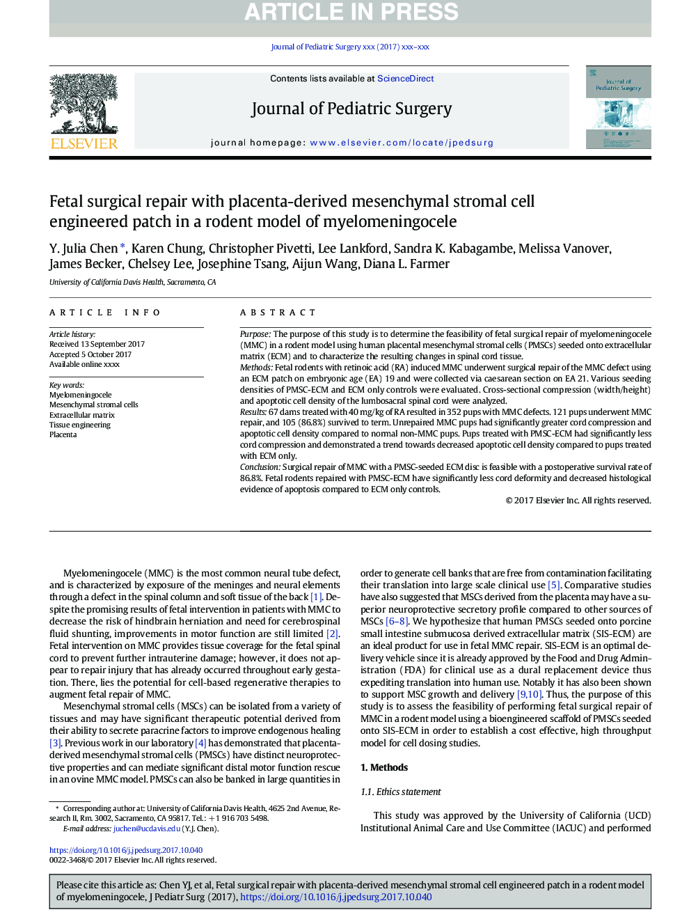 Fetal surgical repair with placenta-derived mesenchymal stromal cell engineered patch in a rodent model of myelomeningocele