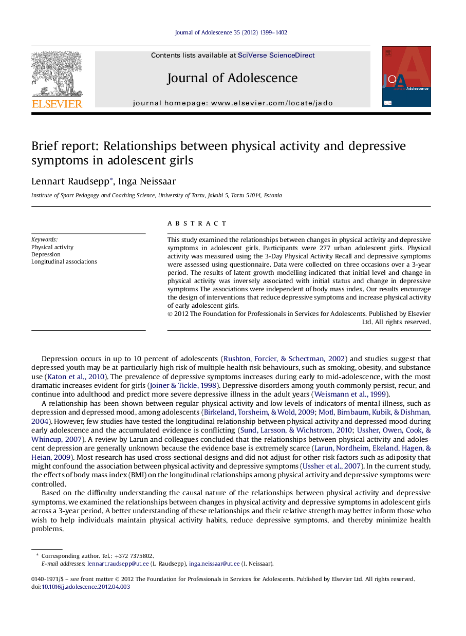 Brief report: Relationships between physical activity and depressive symptoms in adolescent girls