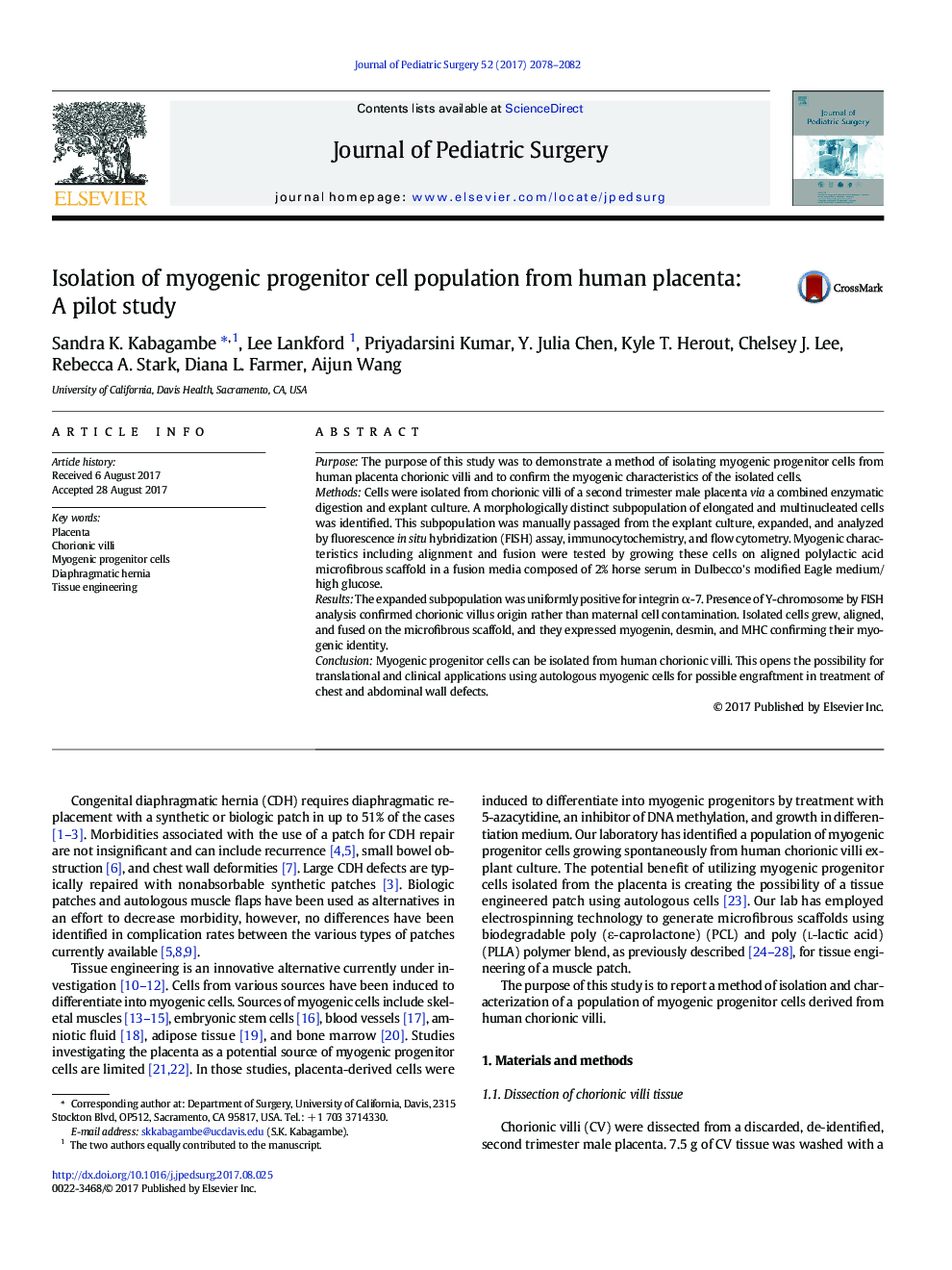 Isolation of myogenic progenitor cell population from human placenta: A pilot study