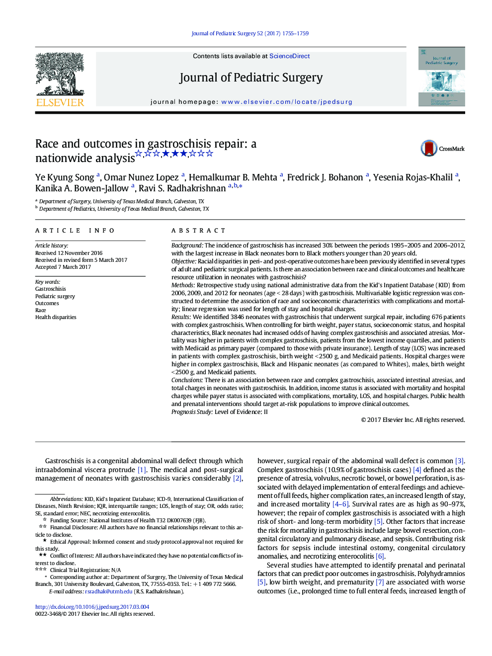 Race and outcomes in gastroschisis repair: a nationwide analysis