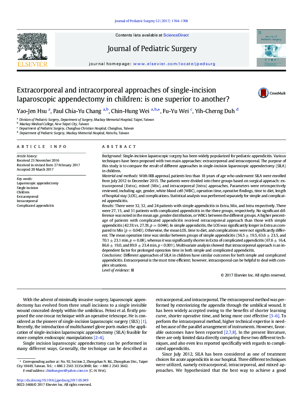 Extracorporeal and intracorporeal approaches of single-incision laparoscopic appendectomy in children: is one superior to another?