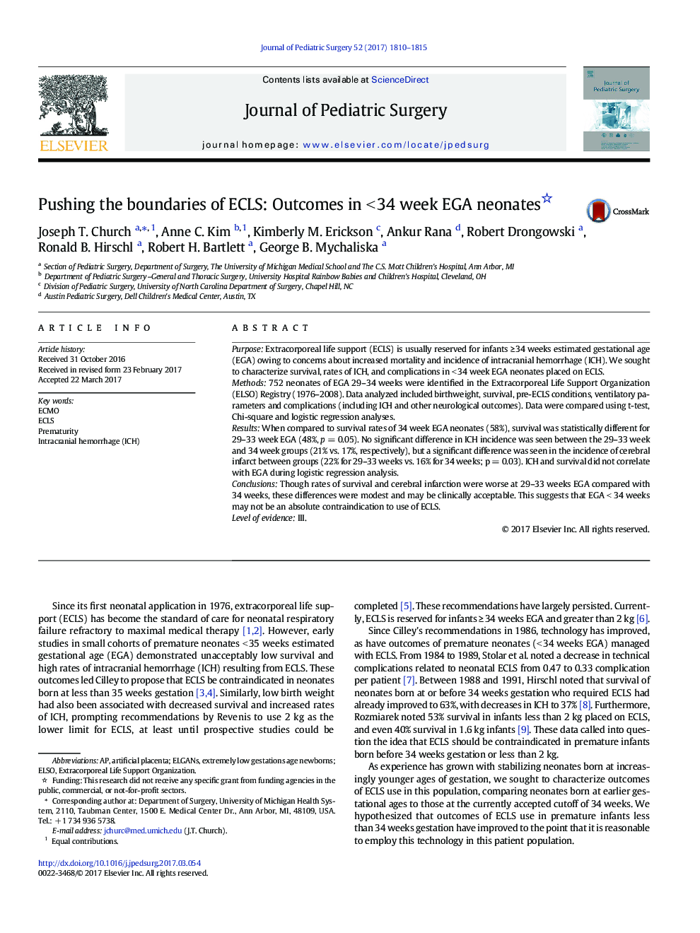 Pushing the boundaries of ECLS: Outcomes in <Â 34 week EGA neonates