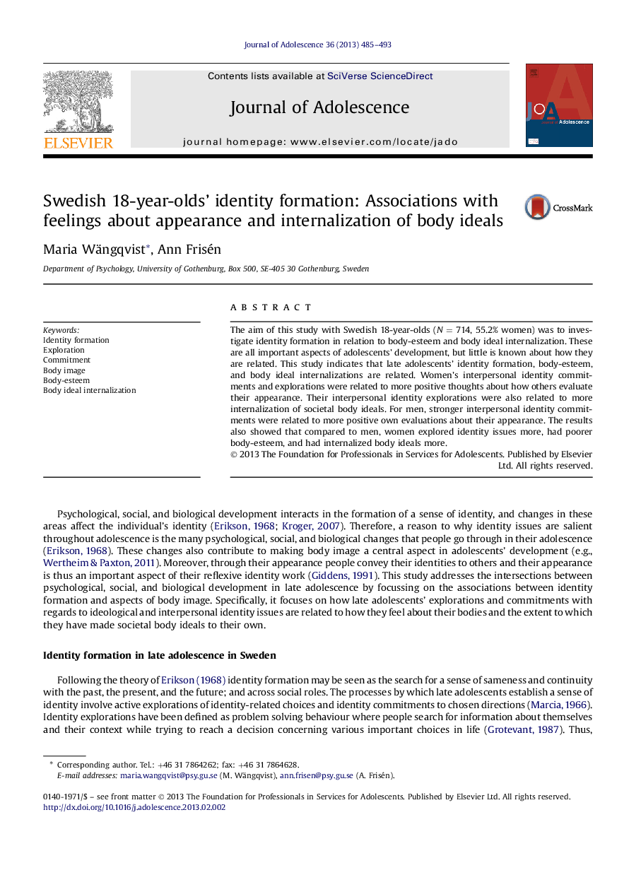 عکس صفحه اول مقاله: Swedish 18-year-olds' identity formation: Associations with feelings about appearance and internalization of body ideals Swedish 18-year-olds' identity formation: Associations with feelings about appearance and internalization of body ideals