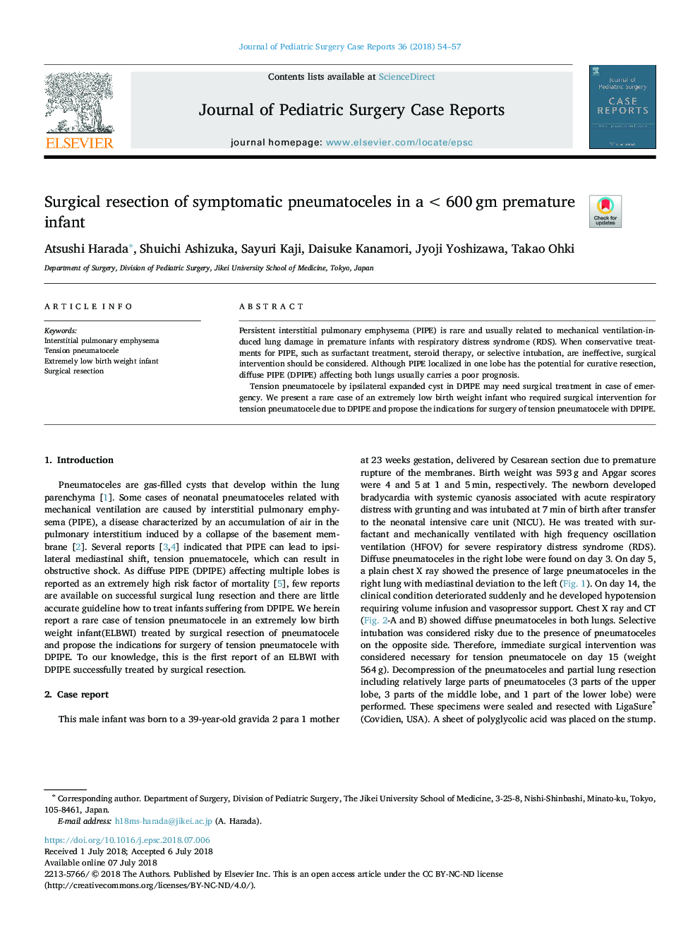 Surgical resection of symptomatic pneumatoceles in a <600â¯gm premature infant