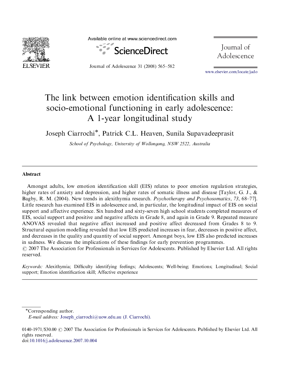 The link between emotion identification skills and socio-emotional functioning in early adolescence: A 1-year longitudinal study