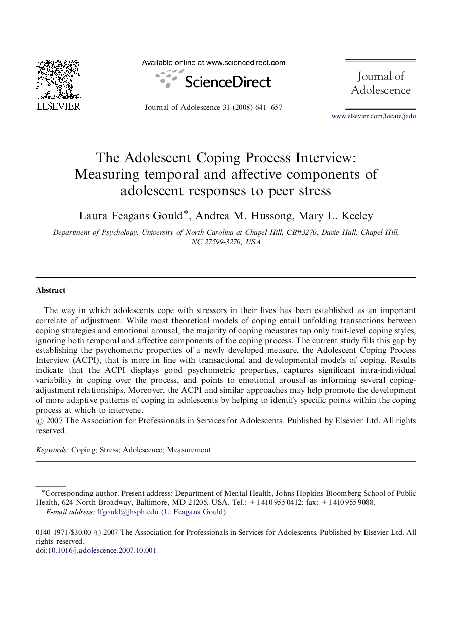 The Adolescent Coping Process Interview: Measuring temporal and affective components of adolescent responses to peer stress