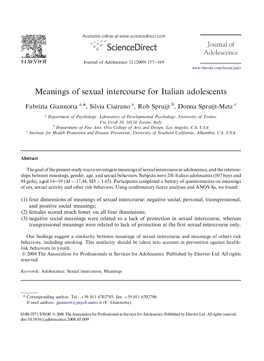 Meanings of sexual intercourse for Italian adolescents