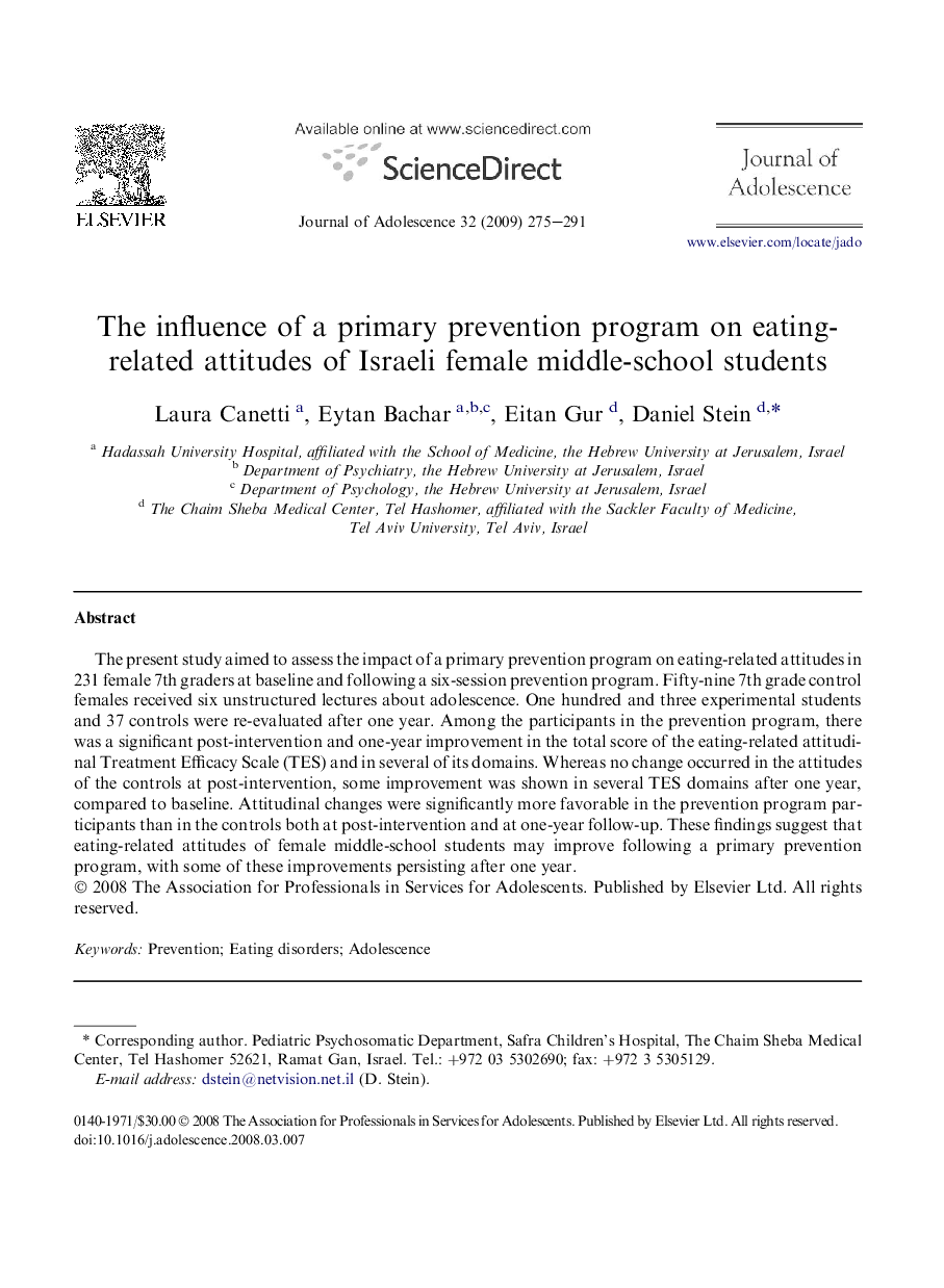 The influence of a primary prevention program on eating-related attitudes of Israeli female middle-school students