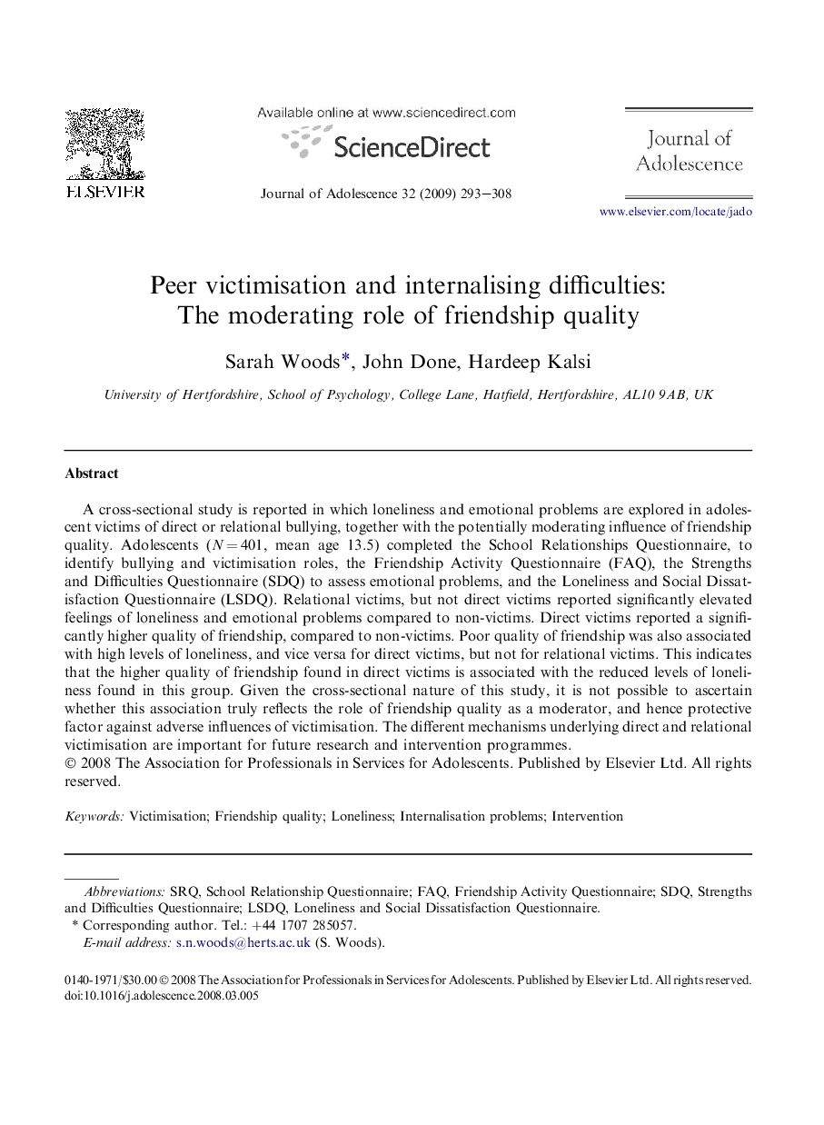 Peer victimisation and internalising difficulties: The moderating role of friendship quality