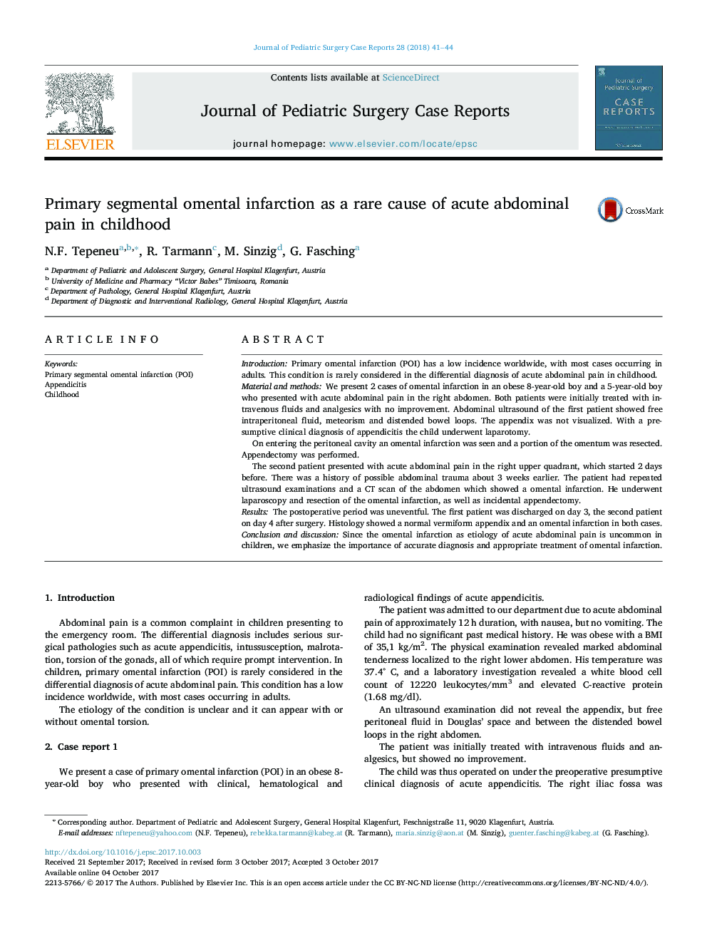 Primary segmental omental infarction as a rare cause of acute abdominal pain in childhood