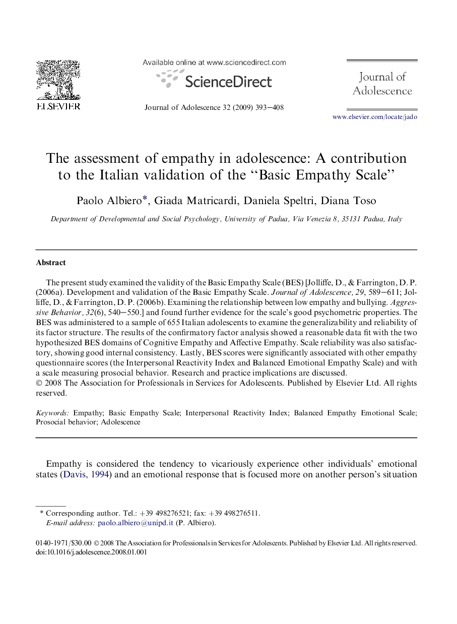 The assessment of empathy in adolescence: A contribution to the Italian validation of the “Basic Empathy Scale”