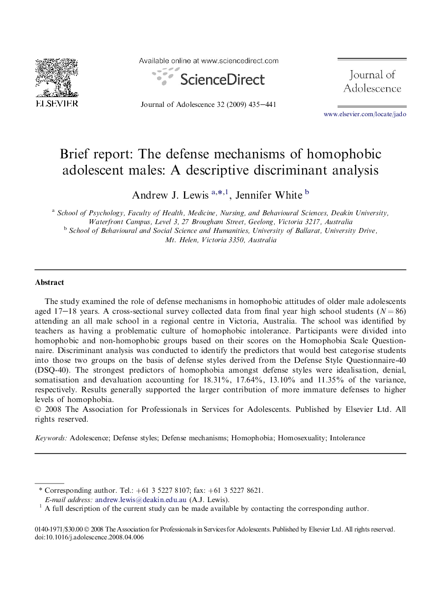 Brief report: The defense mechanisms of homophobic adolescent males: A descriptive discriminant analysis