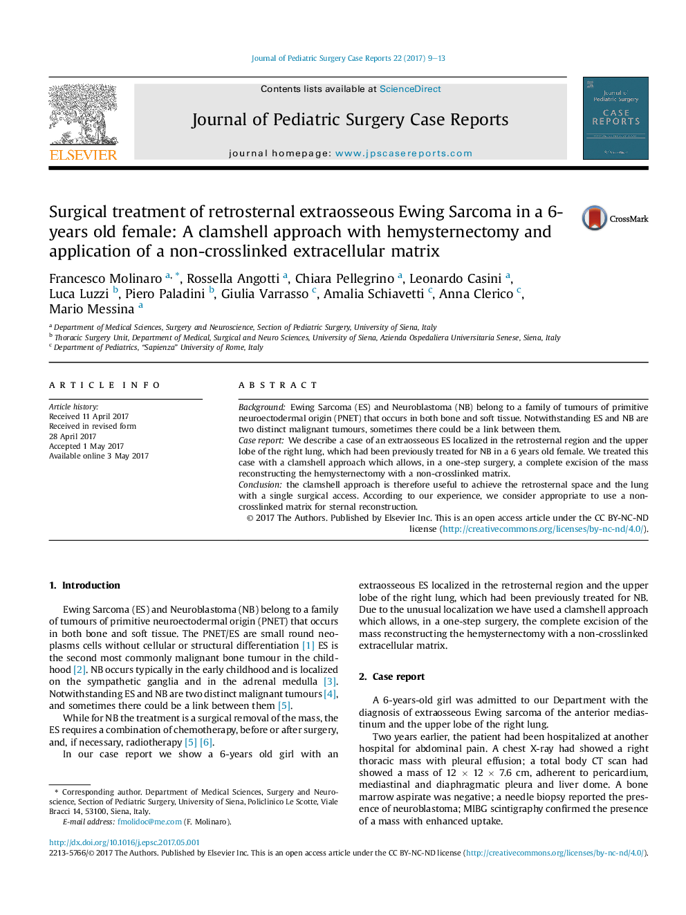 Surgical treatment of retrosternal extraosseous Ewing Sarcoma in a 6-years old female: A clamshell approach with hemysternectomy and application of a non-crosslinked extracellular matrix