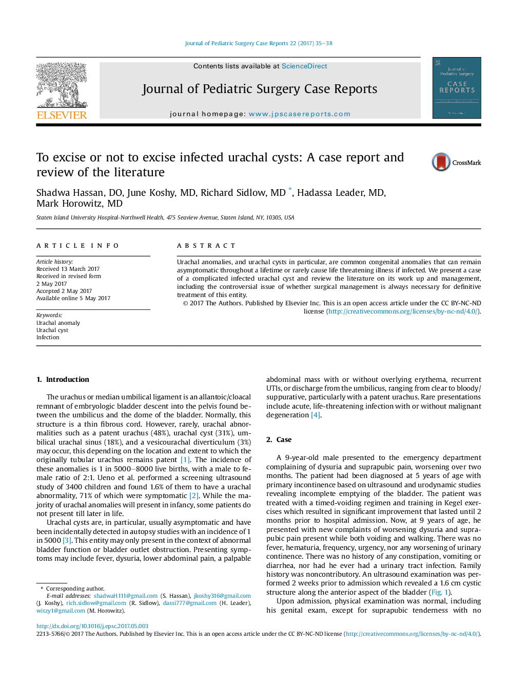 To excise or not to excise infected urachal cysts: A case report and review of the literature