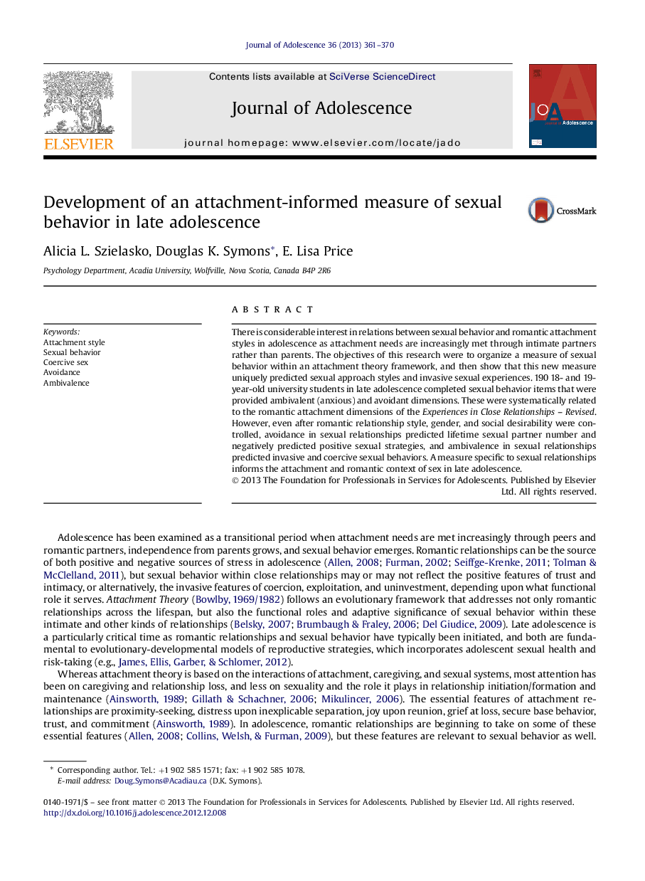 Development of an attachment-informed measure of sexual behavior in late adolescence