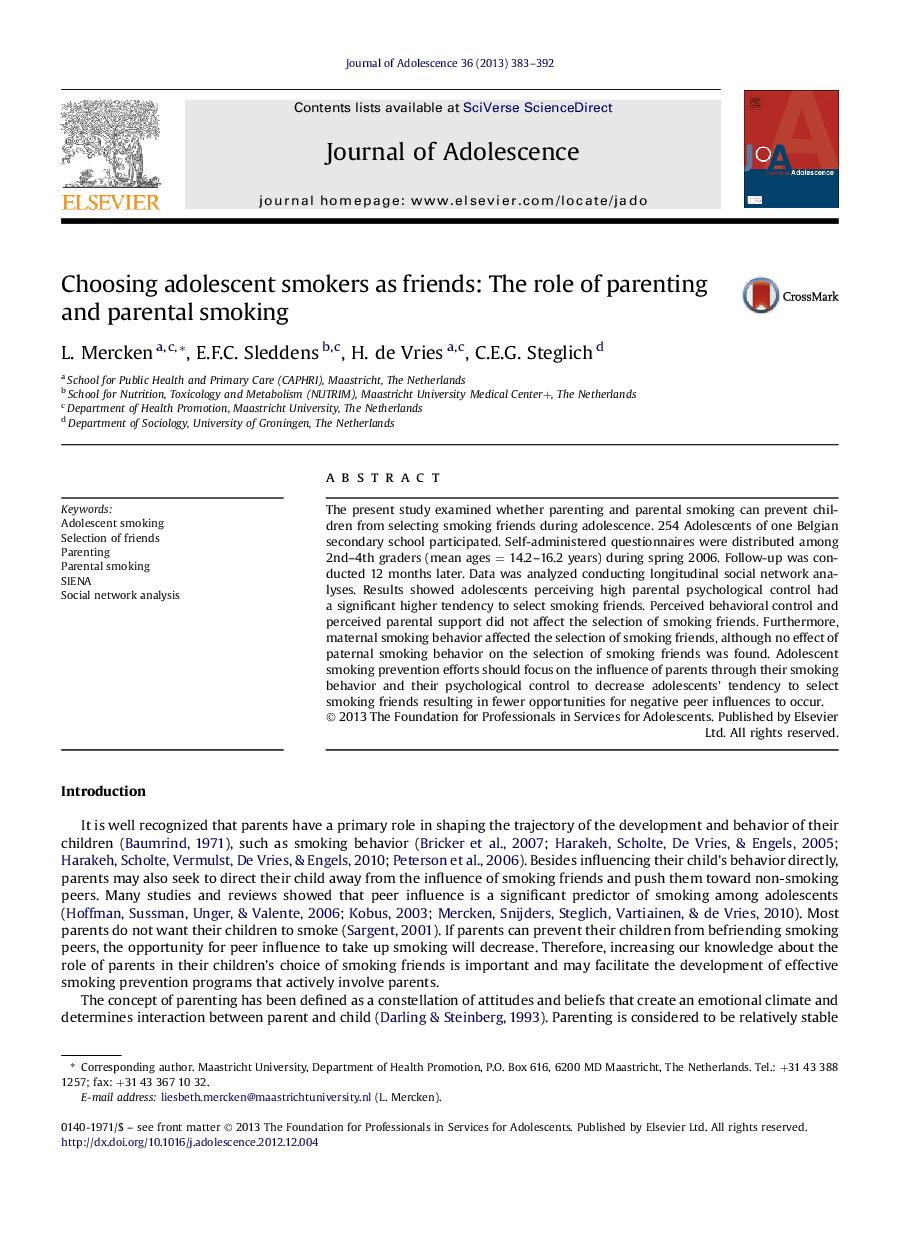 Choosing adolescent smokers as friends: The role of parenting and parental smoking