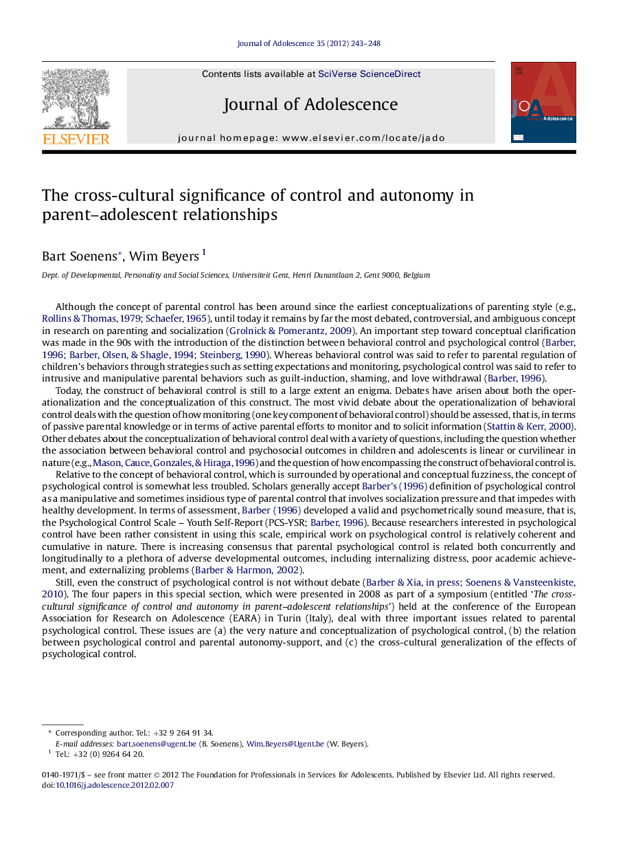 The cross-cultural significance of control and autonomy in parent-adolescent relationships