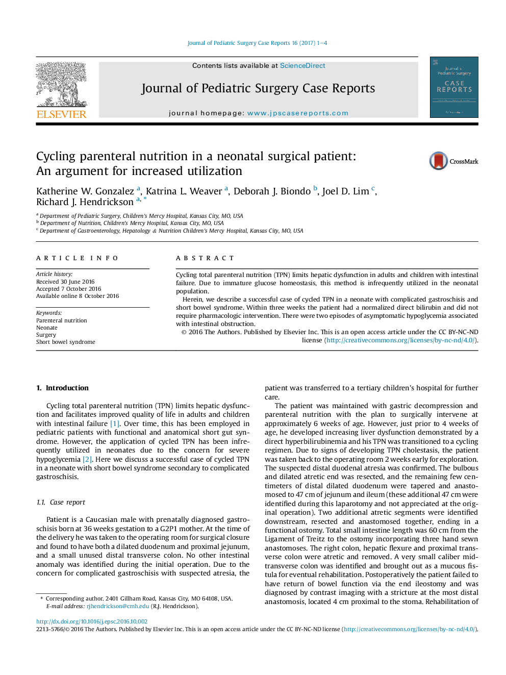 Cycling parenteral nutrition in a neonatal surgical patient: An argument for increased utilization