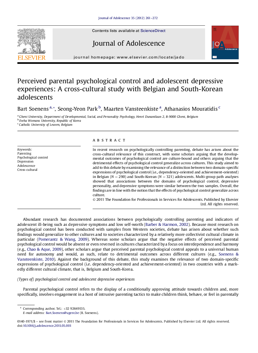 Perceived parental psychological control and adolescent depressive experiences: A cross-cultural study with Belgian and South-Korean adolescents