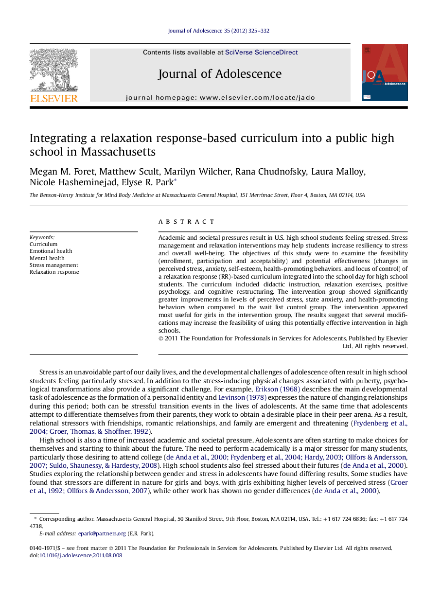 Integrating a relaxation response-based curriculum into a public high school in Massachusetts