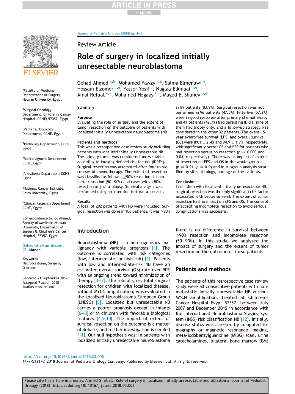 Role of surgery in localized initially unresectable neuroblastoma