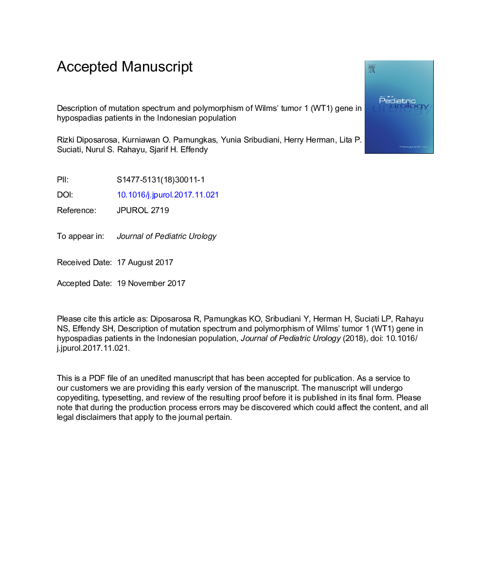 Description of mutation spectrum and polymorphism of Wilms' tumor 1 (WT1) gene in hypospadias patients in the Indonesian population