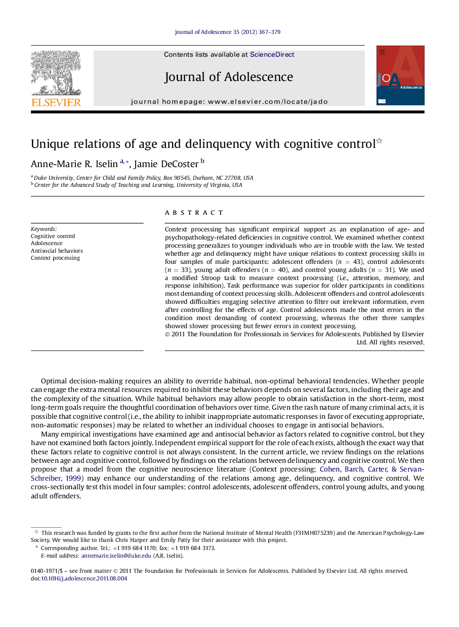 Unique relations of age and delinquency with cognitive control 