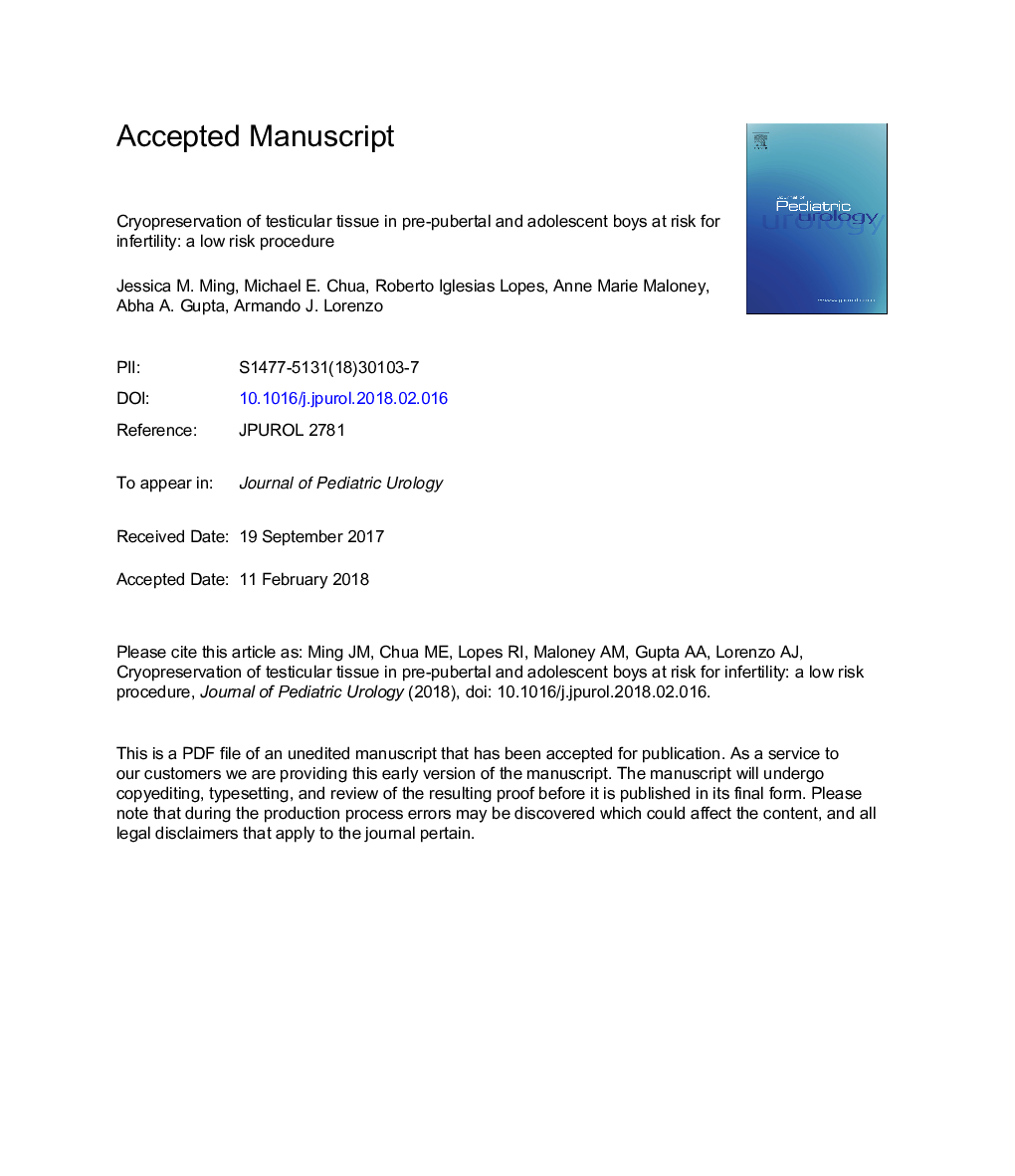 Cryopreservation of testicular tissue in pre-pubertal and adolescent boys at risk for infertility: A low risk procedure