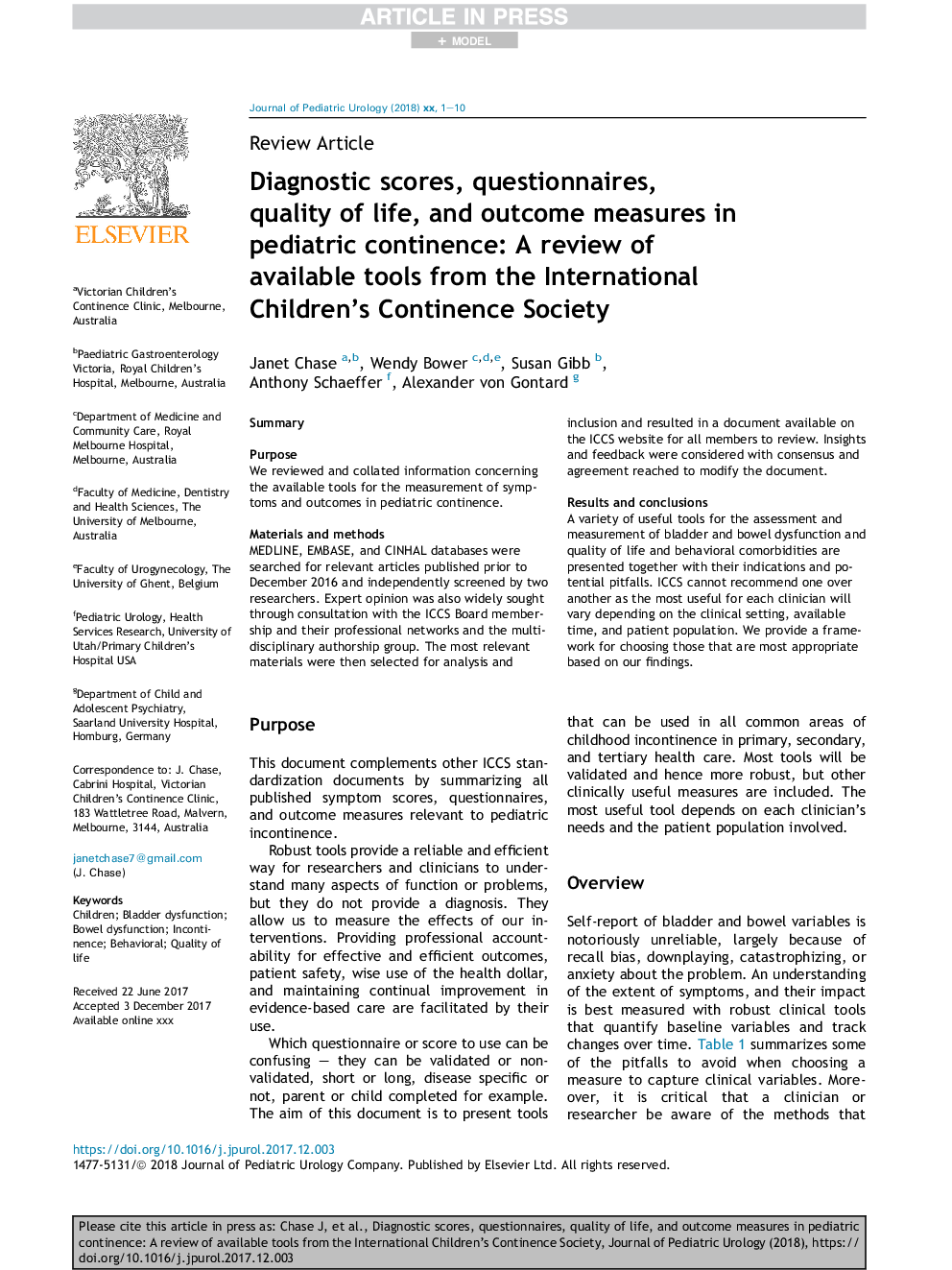 Diagnostic scores, questionnaires, quality of life, and outcome measures in pediatric continence: A review of available tools from the International Children's Continence Society