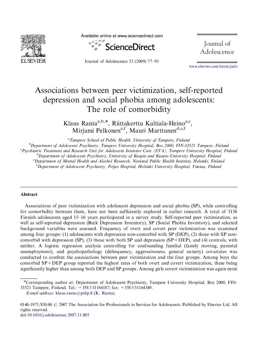 Associations between peer victimization, self-reported depression and social phobia among adolescents: The role of comorbidity